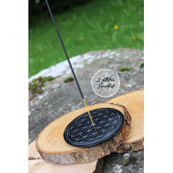 Porte-Encens Pierre Rond Noir Fleur de Vie 10cm